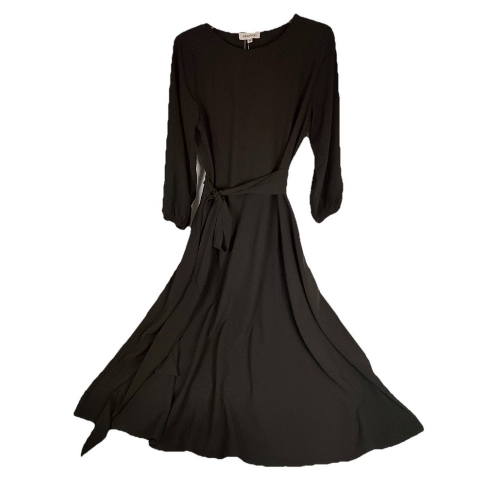 Black Midi Dress Long Sleeve Tie Waist Flowy Minimalist Work Church M NWT